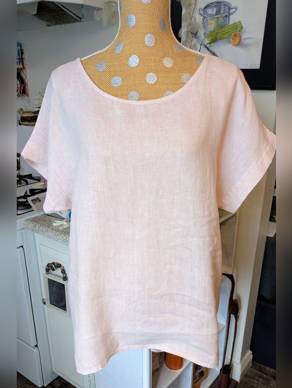 Terzo Millennio Light pink linen Hi-Lo short sleeve blouse button Back detail Lg